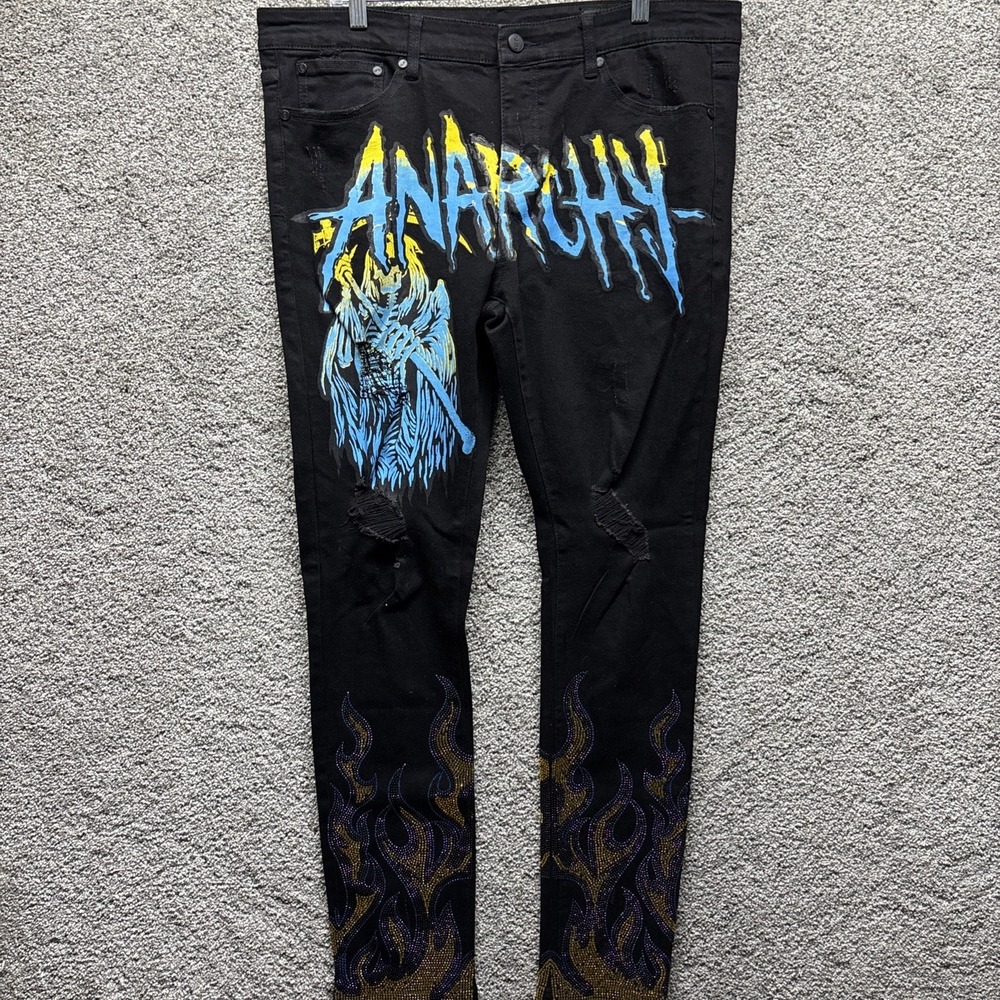 GTFD Los Angeles‎ Button Fly Jeans Mens 38x32 Streetwear Distress Anarchy Flames